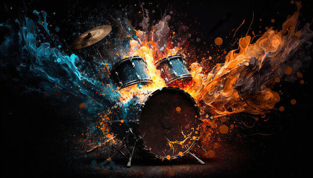 Drum kit with rainbow paint energetic explosion, Generative AI.