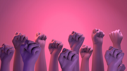 Banner with woman fists in fight. International Day for the Elimination of Violence against Women. November 25. Feminism. 3d illustration. International Women's Day. Pink background. March 8. - obrazy, fototapety, plakaty