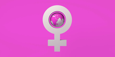 Banner with female symbol and planet earth. International Day for the Elimination of Violence against Women. November 25. Feminism. 3d illustration. Women's Day, March 8.