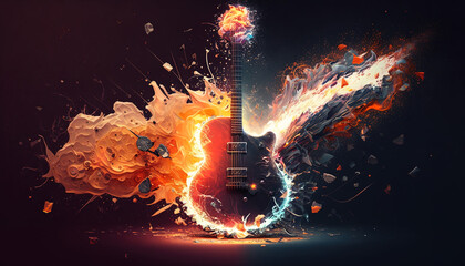 Electric guitar with rainbow paint energetic explosion, Generative AI.