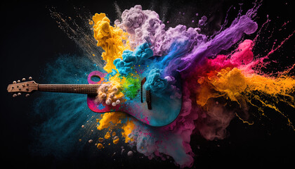Electric guitar with rainbow paint energetic explosion, Generative AI. - obrazy, fototapety, plakaty