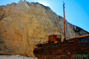 The close up shot of the ship wreck on Navagio Bay, Zakynthos.