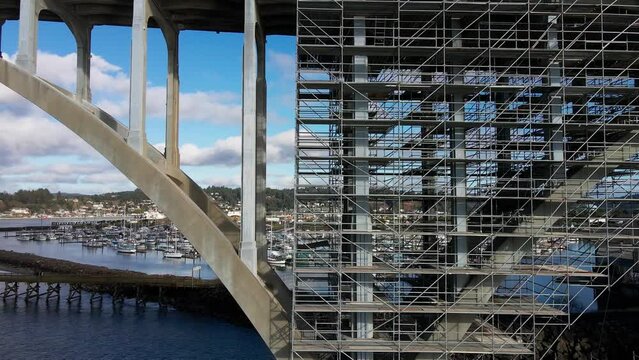 Drone Aerial Yaquina Bay Bridge Scaffolding Restoration Newport Oregon Coast Video 02