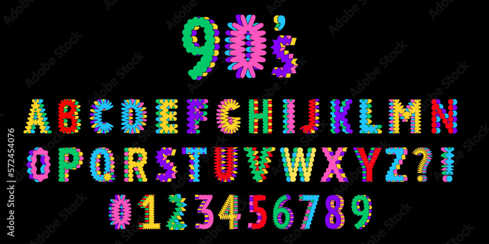 Fototapete 90s or y2k retro font with 3d imitation. bright colorful alphabet letters and numbers