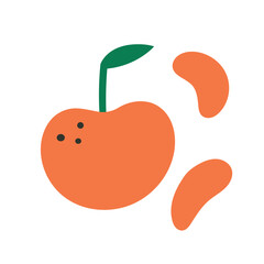 Tangerine fruit with slices. illustration isolated on white background. Simple doodle art, funny cartoon icon