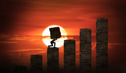 Businessman Carrying a Big Rock Block in Order To Build His Own Growth and Business. The Exhausted Man Holding The Heavy Weight at sunset time. Growing Graph Stairs, Business Steps and Levels Concept