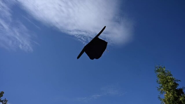 Close-up of a woman's hand throwing a graduation cap into the sky. 