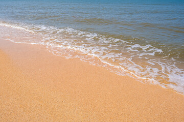 Fototapeta na wymiar The coast of the Sea of Azov. Sea waves roll on the sandy shore. Seashell sandy beach.