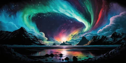 Keuken spatwand met foto Aurora Borealis Northern Lights over Majestic Mountains and Lake Nature Background © Syntetic Dreams