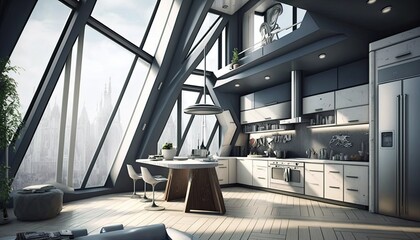 Everyone's dream modern interior elegant kitchen with big windows and amazing design