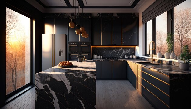 Everyone's dream modern interior elegant black kitchen with big windows and amazing design