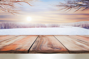 Wooden board blank table in front of blurred winter background, ai