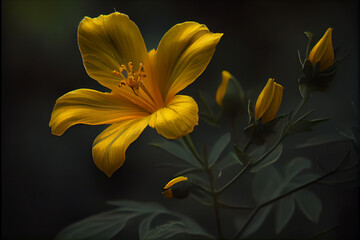 Obraz na płótnie Canvas Close up of beautiful yellow flower on a dark studio background, ai