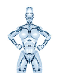 cyborg girl is doing a super pose on white background