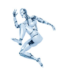 cyborg girl is jumping in action on white background