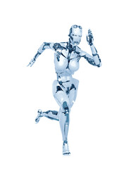 cyborg girl is running fast in action on white background