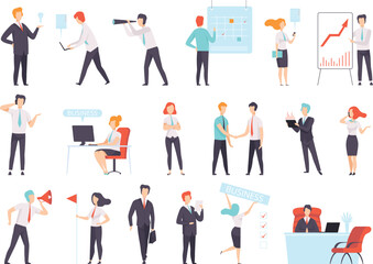 People working in office set. Men and women taking part in business meeting, negotiation, brainstorming, working at computer cartoon vector Illustration