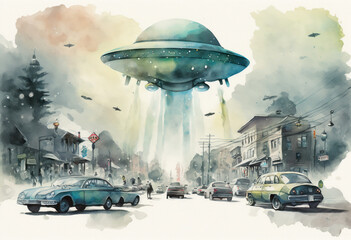 Naklejka na ściany i meble Alien invasion, ufo sightning, extraterrestial spaceship attacking city, alien mothersip independence day watercolor concept art, generative, ai