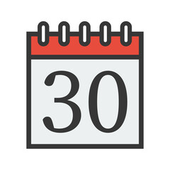Day calendar with date 30. Date icon for Event schedule date. Meeting appointment time. Agenda plane. Simple flat calendar dates Icon.