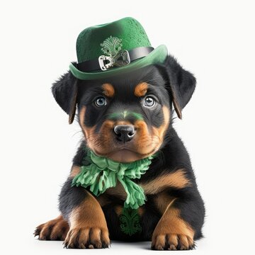 Rottweiler dog wearing a leprechaun's outfit for St. Patty's Day - generative AI