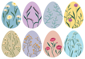 Set of Easter holiday eggs decorated of flowers. Hand drawn vector illustration isolated on white. Gentle clip arts collection.