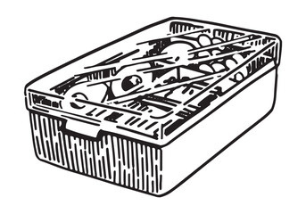 Lunch box sketch. Healthy food nutrition in school or work. Outline clipart of container for food. Hand drawn vector illustration isolated on white.