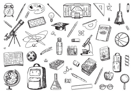 School attributes sketches collection. Set of textbooks, laboratory and classes equipment, stationery items. Hand drawn vector illustrations. Back to school clip arts isolated on white.