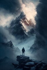 hiker at the foot of a mountain, large mountain cloudy with lots of snow made with Generative AI