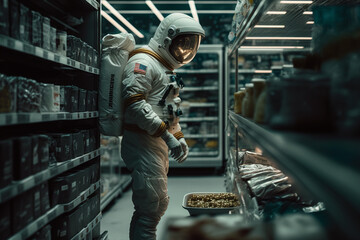 astronaut in futuristic supermarket, space station made with Generative AI