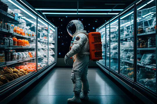 astronaut in aisle of futuristic supermarket, space station made with Generative AI