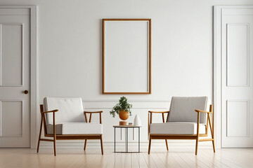 living room with white empty picture frame, two chairs and small table, plants, well-lit space,  interior design made with Generative AI