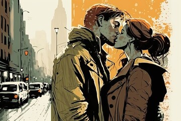 Portrait of a kissing couple in love on a city street. Generative ai.