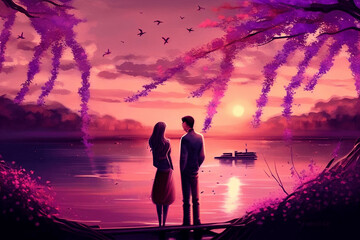Boy and Girl on the edge of a river at sunset, Purple and Pink sky, water, Sun, Couple