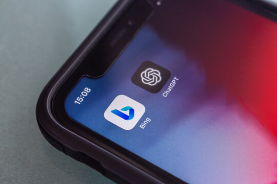Vancouver, CANADA - Feb 15 2023 : Microsoft Bing and ChatGPT icons seen in an iPhone screen.