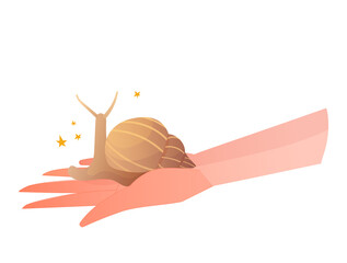 Snail, snail on woman hand,  beauty spa procedures, self care, healthy lifestyle, vector hand drawn illustration