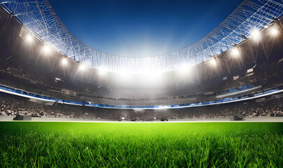 Cinematic Football stadium background with full of crowded audience, generative ai, football fans or supporters chanting and celebrating in soccer ground  - obrazy, fototapety, plakaty