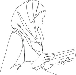 One continuous line drawing of a girl reading the Quran. Girl activity at Ramadhan. Ramadhan activity minimalist concept. Ramadhan, vector graphic design illustration.