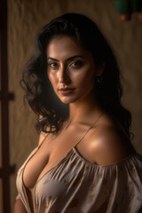 Very sexy serious young Hispanic woman in lingerie looking at the camera. Generative AI