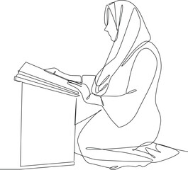 One continuous line drawing of a girl reading the Quran. Girl activity at Ramadhan. Ramadhan activity minimalist concept. Ramadhan, vector graphic design illustration.