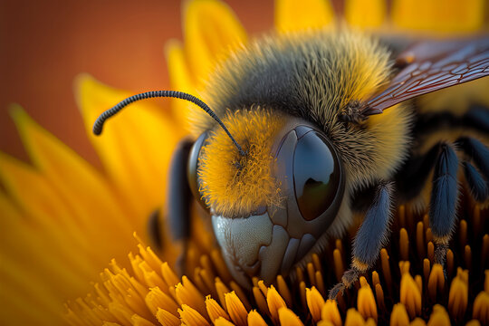 Fluffy Bee on sunflower, macrophotography. AI-Generated