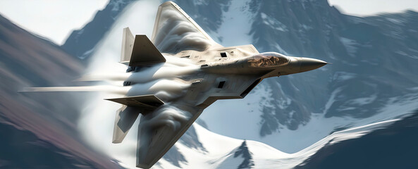 Lockheed Martin F-22 breaks the sound barrier over the swiss alps, sonic boom. AI-Generated