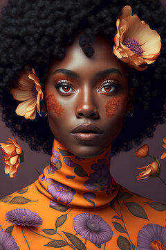 A beautiful young black woman with beautiful orange make-up, wearing a pale orange top turttle neck, with a orange flower print, Bouquet of orange flowers behind her head. AI-Generated