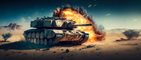 armored tank crosses a mine field during war invasion epic scene of fire and some in the desert. AI-Generated