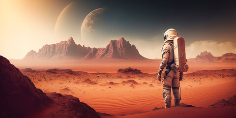 Astronaut on mars the red planet. Landscape with desert and mountains, Colonization of Mars. AI-Generated