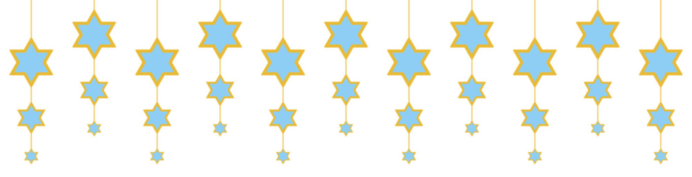 Garland for Passover, Pesach, Hanukkah and other holidays. Blue and gold stars of David. Can be used for cards, borders. Isolated vector and PNG illustration clipart on transparent background.