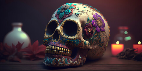 Day of the Dead, Dia de los muertos, skull and flowers. sugar skull. AI-Generated