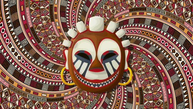 Tribal mask over a rotating spiral background, loop animation