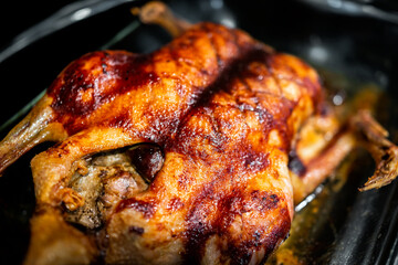 Whole roasted duck meat poultry bird closeup on in glass pan for baking with crispy brown golden skin macro with texture