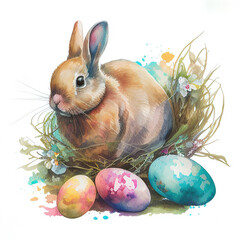 Digital Watercolor Easter bunny with Easter eggs. Ai art