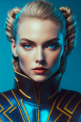portrait of attractive Welsh Android super Model, Vivid-blue background . AI-Generated